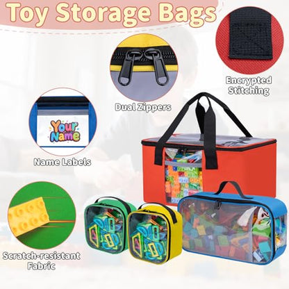 4 PCS Magnetic Tiles Storage Bag, Toy Storage Bags With Visual Top Flap, Label Pocket and Mesh Pockets Fit for LEGO, Building Blocks, Magnetic Tiles, Toy Cars - size: 4PCS(1 Large+1 Medium+2 Small）