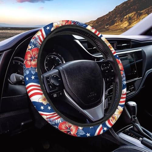 AFPANQZ Car Steering Wheel Covers White Sweat Absorption Comfort Grip, American Flag Tropical Flowers Universal 14-15 inch Stretch-on Fabric Keep Warm Steering Wheel Protector for Women - color: American Flag Tropical Flowers