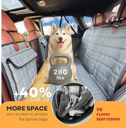 APetsPlanet Backseat Extender for Dogs, Dog Seat Cover Hard Bottom for Car Backseat & Truck Travel Bed, Platform Hammock Mat Converts Rear Seat Into Backseat Bed, Grey Leather with Door Covers - style: Grey Leather - With Door Covers
