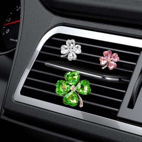 3PCS Bling Four Leaf Clover Car Dashboard Air Vent Trim Clips, Crystal Rhinestone Auto Air Fresheners Outlet Clips, Cute Car Interior AC Decoration Accessories for Women (Big Green/Small White & Pink) - size: Big Green/Small White & Pink