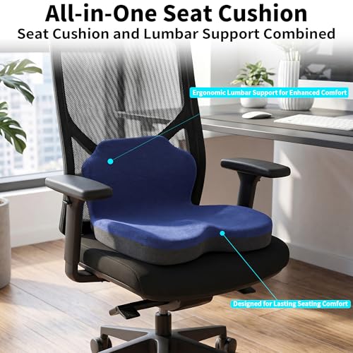 Memory Foam Truck Seat Cushion & Lumbar Support Set – Ergonomic U-Shape Tailbone Relief + L-Shape Back Cushion for Long-Haul Semi/Pickup Drivers Breathathable Cover Non-Slip Bottom Dark Blue - size: Dark blue+Dark Gray