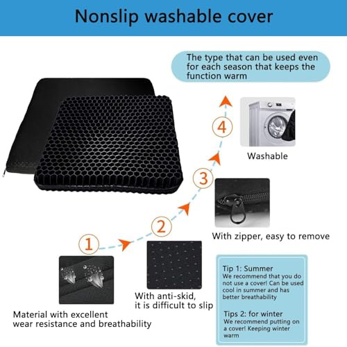 Gel Seat Cushion, for Long Sitting -Double Thick Gel Seat Cushion Breathable Honeycomb Chair Cushion with Non-Slip Cover for Office Chair Car, Wheelchair, Long Trips,Relief Sciatica Pain - color: Black