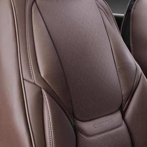 CAR PASS Nappa Leather Car Seat Covers 5 Seat, Luxury Lumbar Support Seat Cover Full Set, Waterproof Breathable Durable All Coverage Leatherette Seat Covers for SUVs,Pickups,Trucks,Vehicles (Brown) - color: Brown