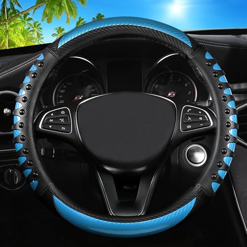 Car Leather Steering Wheel Cover - Carbon Fibre Material, Universal 14.5-15 Inch Leather Anti-Slip Breathable Auto Steering Wheel Covers for Men Women (3D Massage - Sky Blue) - color: 3D Massage - Sky Blue