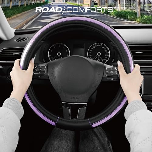 Road Comforts Leather Steering Wheel Cover – Black & Purple, Universal Fit 14.5-15 Inch, Microfiber Leather, Anti-Slip & Breathable Design for Men and Women - color: Purple