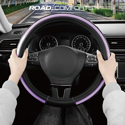Road Comforts Leather Steering Wheel Cover – Black & Purple, Universal Fit 14.5-15 Inch, Microfiber Leather, Anti-Slip & Breathable Design for Men and Women - color: Purple
