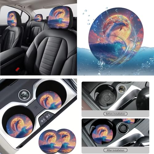 Dolphin Moon Printed 15 Pcs Car Seat Cover Full Set, Stretchy Car Accessories Set Front Rear Seat Covers with Steering Wheel Cover Car Headrest Cover Seat Belt Covers Car Coaster - color: Purple and Orange-Dolphin Moon