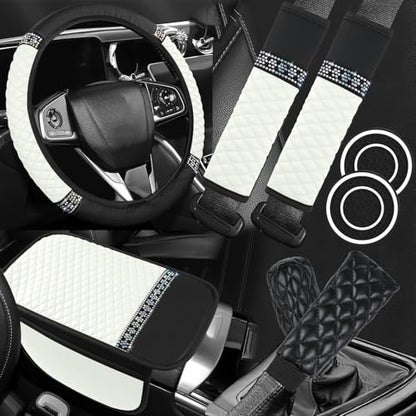8PCS Car Accessories Set, Bling Leather Car Steering Wheel Cover with Armrest Pad, Seat Belt Cover Pads, Cup Holder Coasters, Gear Shift & Handbrake Covers, Auto Interior Accessories (White) - color: White