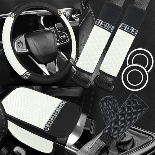 8PCS Car Accessories Set, Bling Leather Car Steering Wheel Cover with Armrest Pad, Seat Belt Cover Pads, Cup Holder Coasters, Gear Shift & Handbrake Covers, Auto Interior Accessories (White) - color: White