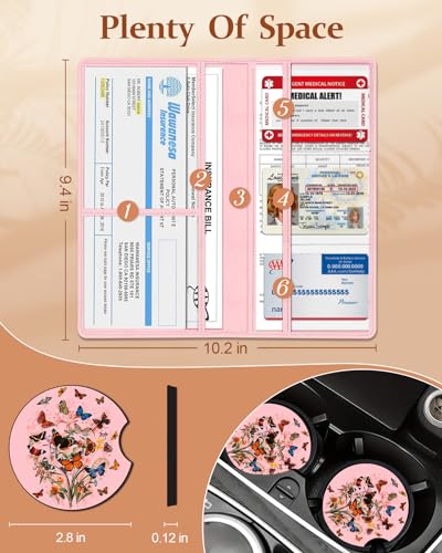 Slohif Car Registration and Insurance Card Holder with Magnetic Shut - Vehicle Glove Box Organizer Women Leather Automobile License Holders Coasters Auto Accessories Case for Document Butterfly - color: Butterflies