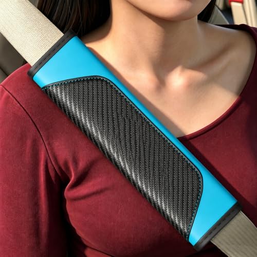 Carbon Fiber PU Leather Seat Belt Covers - 2Pcs, Black and Blue Sporty Seat Belt Pads, Universal Fit for Car Truck SUV - color: yd-blue