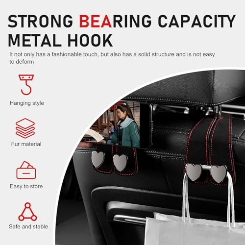 2 PCS Car Seat Headrest Hook, Suede Cute Heart Shape Metal Double Head Purse Hook, Universal Automotive Seat Back Storage Hanger, Car Accessories for Women (Black)