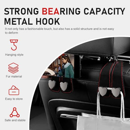 2 PCS Car Seat Headrest Hook, Suede Cute Heart Shape Metal Double Head Purse Hook, Universal Automotive Seat Back Storage Hanger, Car Accessories for Women (Black)