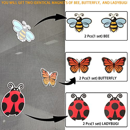 Flexible Screen Door Magnets,Screen Door Protector Patch,Butterflies Bees Ladybugs 6Pcs (3 Sets)- for Keeping People and Pets Safe, and Cover Up Small Holes in Screens.