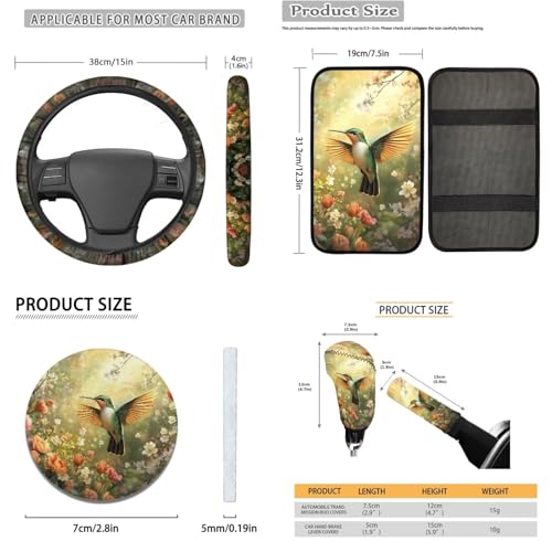 16 Pieces Car Seat Cover Sets for Women, Hummingbird Flower Print Car Front Rear Seat Cover Steering Wheel Cover Seat Belt Pads Arm Rest Cover Coaster, Universal Fit Car Interior Accessories - color: Yellow and Green - Hummingbird Flower