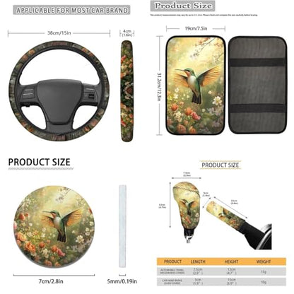 16 Pieces Car Seat Cover Sets for Women, Hummingbird Flower Print Car Front Rear Seat Cover Steering Wheel Cover Seat Belt Pads Arm Rest Cover Coaster, Universal Fit Car Interior Accessories - color: Yellow and Green - Hummingbird Flower