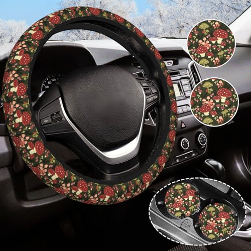 Mushroom Steering Wheel Cover Anti-Slip and Practical 14.5-15 Inch Universal Steering Wheel Cover with 2 Pieces Car Coasters Suitable for Men Women