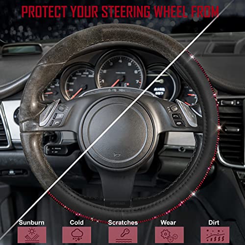 CAR PASS Red Diamond Black Leather Steering Wheel Cover, with Bling Crystal Rhinestones Universal Fit 14" 1/2-15" Crystal Glitter for Women Sparkle Girl Fit Suvs,Vans,Sedans,Cars,Trucks, Red Diamond - color: Red Diamond