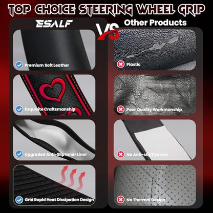 Ventilated Heart-Shaped Steering Wheel Cover with Anti-Slip Leather Grip. Compatible with Ford, Toyota, Honda, Nissan, and Chevrolet Vehicles for 14.5-15.2 inch Round Steering Wheels. - color: Love Red