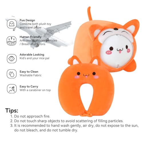 Kids Travel Pillow - 2-in-1 Deformable Kids Neck Pillow for Traveling, Soft U-Shaped Pillow with Adorable Animal Design, Comfy Sleep and Play, Ideal for Airplanes and Traveling (QQ Orange Fox) - size: QQ Orange Fox