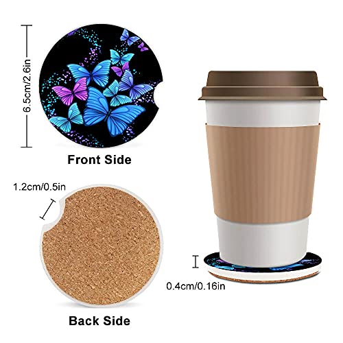 Blue Butterfly Absorbent Car Coasters,Cool Ceramic Cup Holders Coasters with a Finger Notch for Women Men 2.56"(2 Pieces)