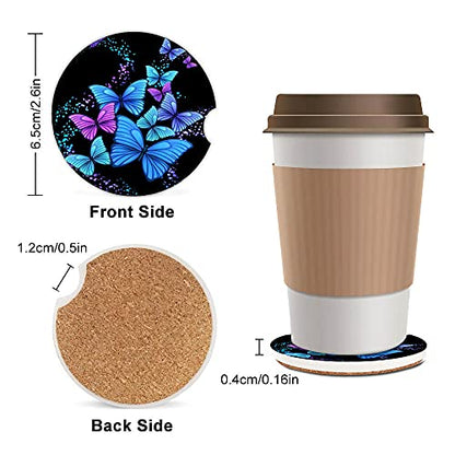 Blue Butterfly Absorbent Car Coasters,Cool Ceramic Cup Holders Coasters with a Finger Notch for Women Men 2.56"(2 Pieces) - color: Blue Butterfly
