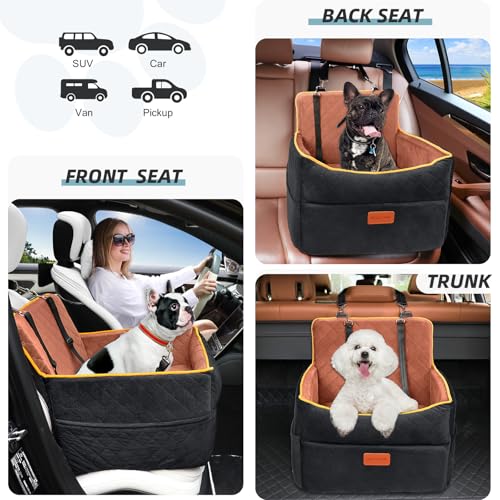 HEGGCOOE Small Dog Car Seat, Memory Foam Dog Booster Seats with Thick Cushion for Medium Dogs Under 35lbs, Detachable Washable Pet Car Seat Travel Bed with Storage Pockets,2 Safety Belts - color: Black+brown