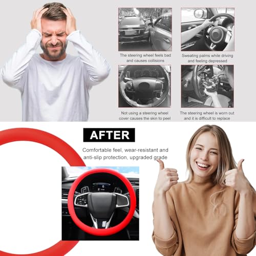 DXNQ Car Steering Wheel Cover, 13 to 14.17 inches Anti-Slip Silicone Steering Wheel Protector, Soft Flexible Shock-Absorbent Steering Wheel Protective Cover for Most Car Models (Red) - color: Red