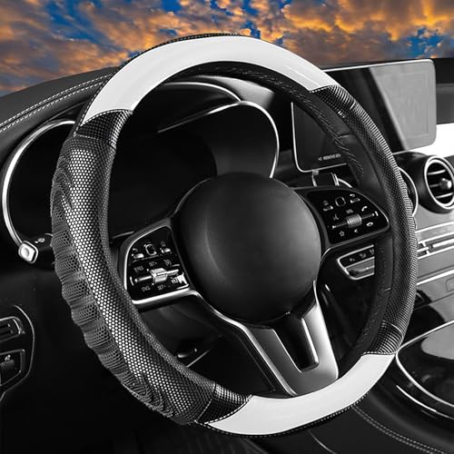 5D Honeycomb Knight White Car Steering Wheel Cover,14.5-15 Inch Universal Carbon Fibre Leather Covers Breathable Anti-Slip Odorless Steering Wheels Accessories for Men Women - color: 5D Honeycomb - Knight White