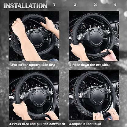 CAR PASS Bling Diamond Leather Steering Wheel Cover, With Sparkly Crystal Glitter Rhinestones Universal Fit 14"1/2-15" Car Wheel Protector for Women Girl Fit Suvs,Vans,Sedans,Car,Trucks, Black Diamond - color: Black Diamond on Velvet