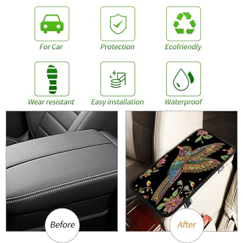 Universal Auto Center Console Pad and 2Pcs Car Coasters Set, Anti Slip Soft Neoprene Car Armrest Seat Box Cover Protector Universal Fit - Car Interior Accessories, Hummingbird Flower - color: 491