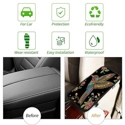 Universal Auto Center Console Pad and 2Pcs Car Coasters Set, Anti Slip Soft Neoprene Car Armrest Seat Box Cover Protector Universal Fit - Car Interior Accessories, Hummingbird Flower - color: 491