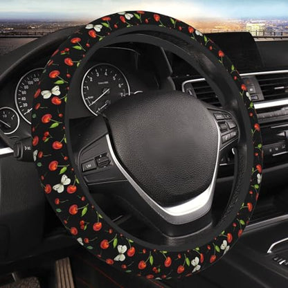 Cherries with Butterflies Elastic Steering Wheel Cover Non-Slip Breathable Steering Wheel Protector Fit Auto, SUVs, Truck - color: Cherries With Butterflies