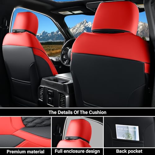 Coverado Curved Front Seat Covers Dodge RAM 1500, Waterproof Leatherette Seat Covers Full Coverage for Car Compatible with 2009-2018 Dodge Ram 1500, 2010-2024 Ram 2500 3500 Dodge RAM, Red - color: Red, size: Curved Front&No Rear