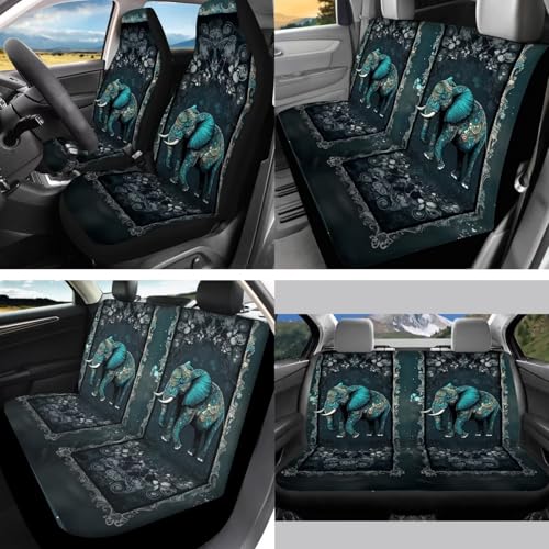 Elephant Printed 15 Pack Car Seat Cover Full Set, Stretchy Car Interior Covers Set Front Rear Seat Protector Seat Belt Pad Steering Wheel Protector Keychain - color: Black and Green-Elephant