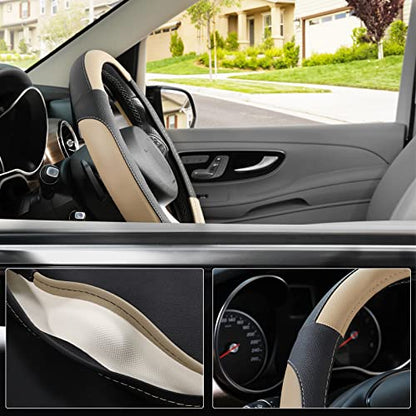SEG Direct Car Steering Wheel Cover Universal Standard Size 14.5-15 inch, Black and Beige Microfiber Leather - color: Black and Beige, size: Standard size[14 1/2''-15'']