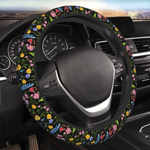 Wild Flowers Elastic Steering Wheel Cover Non-Slip Breathable Steering Wheel Protector Fit Auto, SUVs, Truck - color: Wild Flowers