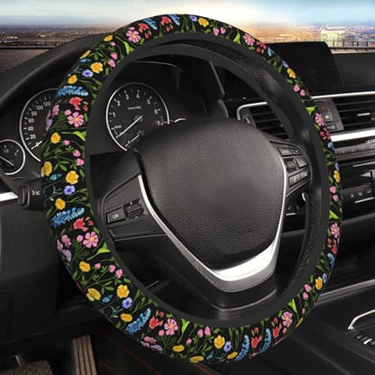 Wild Flowers Elastic Steering Wheel Cover Non-Slip Breathable Steering Wheel Protector Fit Auto, SUVs, Truck - color: Wild Flowers