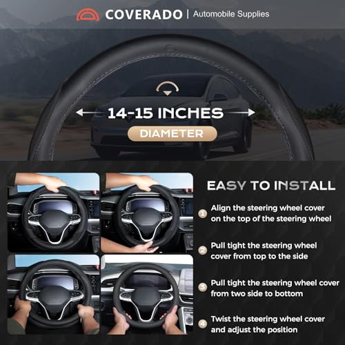 Coverado Car Steering Wheel Cover, Nappa Leather Black Steering Wheel Covers for Women, Universal 14-15 inch, Anti-Slip, Breathable Steering Wheel Protector - color: B-Black&Black