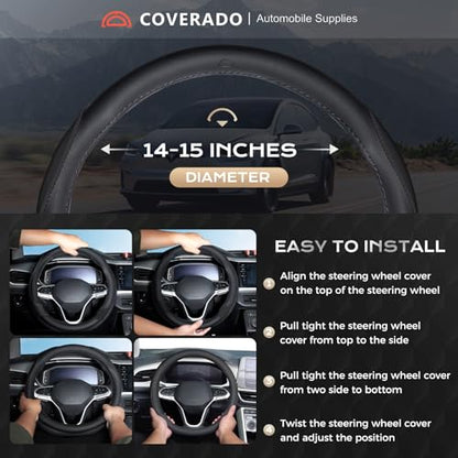 Coverado Car Steering Wheel Cover, Nappa Leather Black Steering Wheel Covers for Women, Universal 14-15 inch, Anti-Slip, Breathable Steering Wheel Protector - color: B-Black&Black