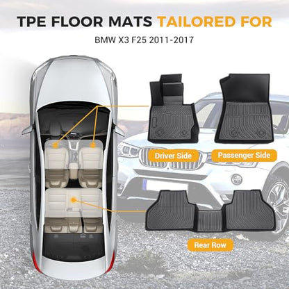 All Weather Floor Mats Compatible with 2011-2017 BMW X3 F25, 3D TPE Rubber Full Cover Protection Car Mats Full Set Liners Black - color: for 2011-2017 BMW X3