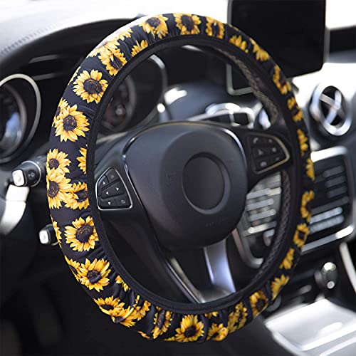 Sunflower Steering Wheel Cover Dreams Car Set: Women's Delightful Yellow Accessories with Cute Stuff Featuring Wheel Cover, Adorable Keychain,2 Car Cup Holder for a Cute and Vibrant Driving Experience - color: Sunflower