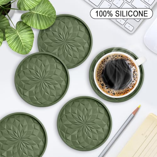 Silicone Coasters with Holder,[6 Pack] Drinking Coasters - Cup Mat for Hot or Cold Drinks, Thickened, Non-Slip, Non-stick,Deep Tray Olive Green - color: Olive Green
