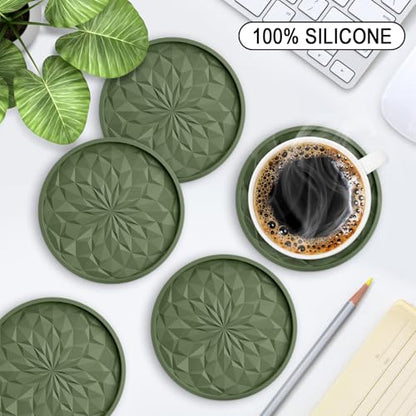 Silicone Coasters with Holder,[6 Pack] Drinking Coasters - Cup Mat for Hot or Cold Drinks, Thickened, Non-Slip, Non-stick,Deep Tray Olive Green - color: Olive Green