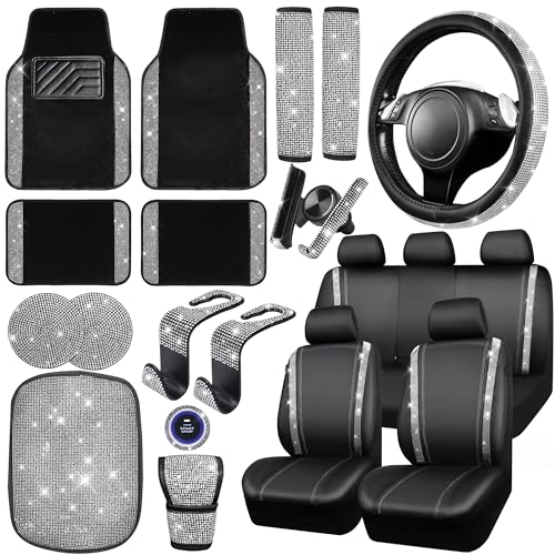 CAR PASS 23 PCS Bling Diamond Car Accessories Set for Women, Leather Seat Covers Full Set Sparkly Rhinestone15'' Steering Wheel Covers Shining Car Floor Mats Cute Aotumotive Interior Sets, Silver - color: Silver Diamond
