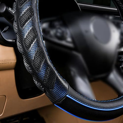 Flying Banner car Steering Wheel Cover Faux Leather Massage Universal fit 3D Honeycomb Hole Anti-Slip Sporty 15 Inches (Blue Black) - color: Blue black