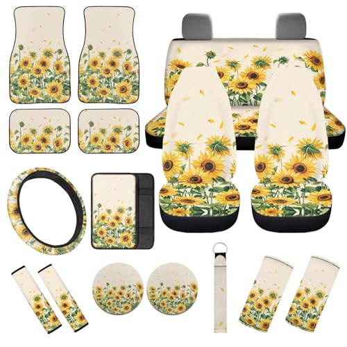 Sunflower Print 17 Pcs Car Seat Covers Full Seat with Floor Mats Car Seat Protectors Steering Wheel Cover Car Full Automotive Interior Decor - color: Sunflower Print