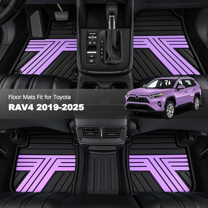 All Weather Floor Mats Custom Fit for Toyota RAV4 2019-2025 Waterproof Heavy Duty Anti-Slip Car Mats, 1st & 2nd Row Black & Purple - color: Black & Purple