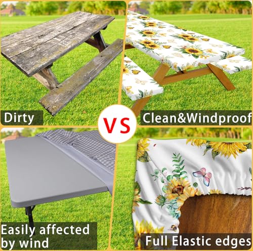 Sunflowers Table Cover with Bench Covers Waterproof Windproof Elastic Fitted Outdoor Camping RV Tablecloths with Drawstring Bag Reusable Rectangle Rectangle Tables and Seats Cover 30X96IN - color: Yellow, size: 30" x 96" (Rectangular)