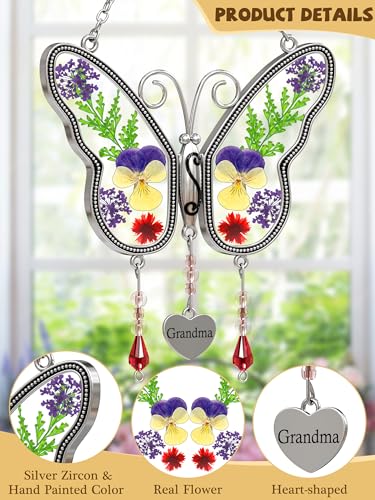 Butterfly Suncatcher Grandma Stained Glass Sun Catcher for Windows Hangings Ornament with Pressed Real Flower Wings in Glass and Metal Heart Charm Birthday Gift for Women Mothers Day Christmas - style: Grandma